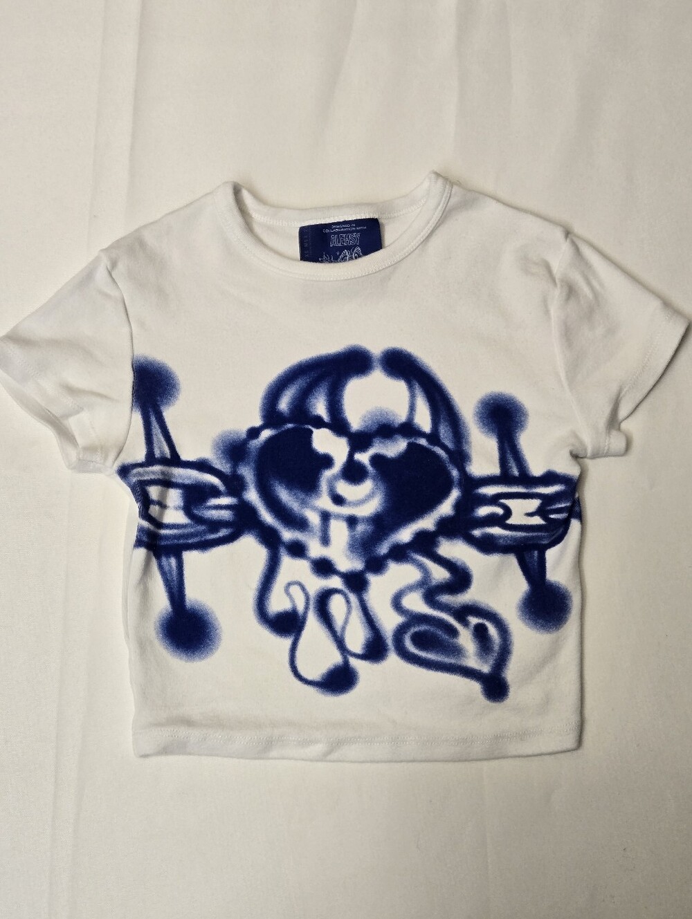 Alehsy Bershka Baby Tee White Blue Street Graffiti Graphic Womens Xs Crop Top